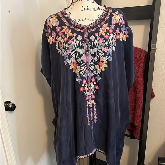 Johnny Was Alia Cupra Blue Multicolor Design Embroidered Poncho Boho Modern - Picture 6 of 16